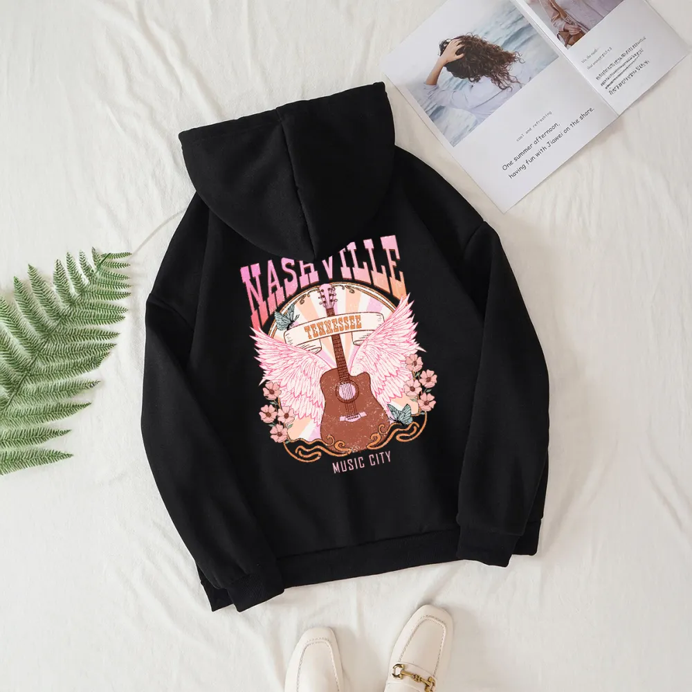 Guitars Pink Wings Printed Casual Versatile Hoodies