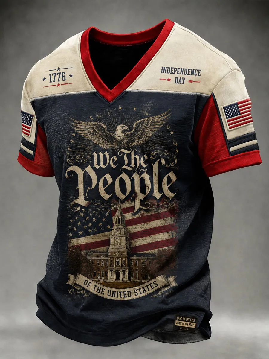 Men's Independence Day Printed V-neck T-shirt