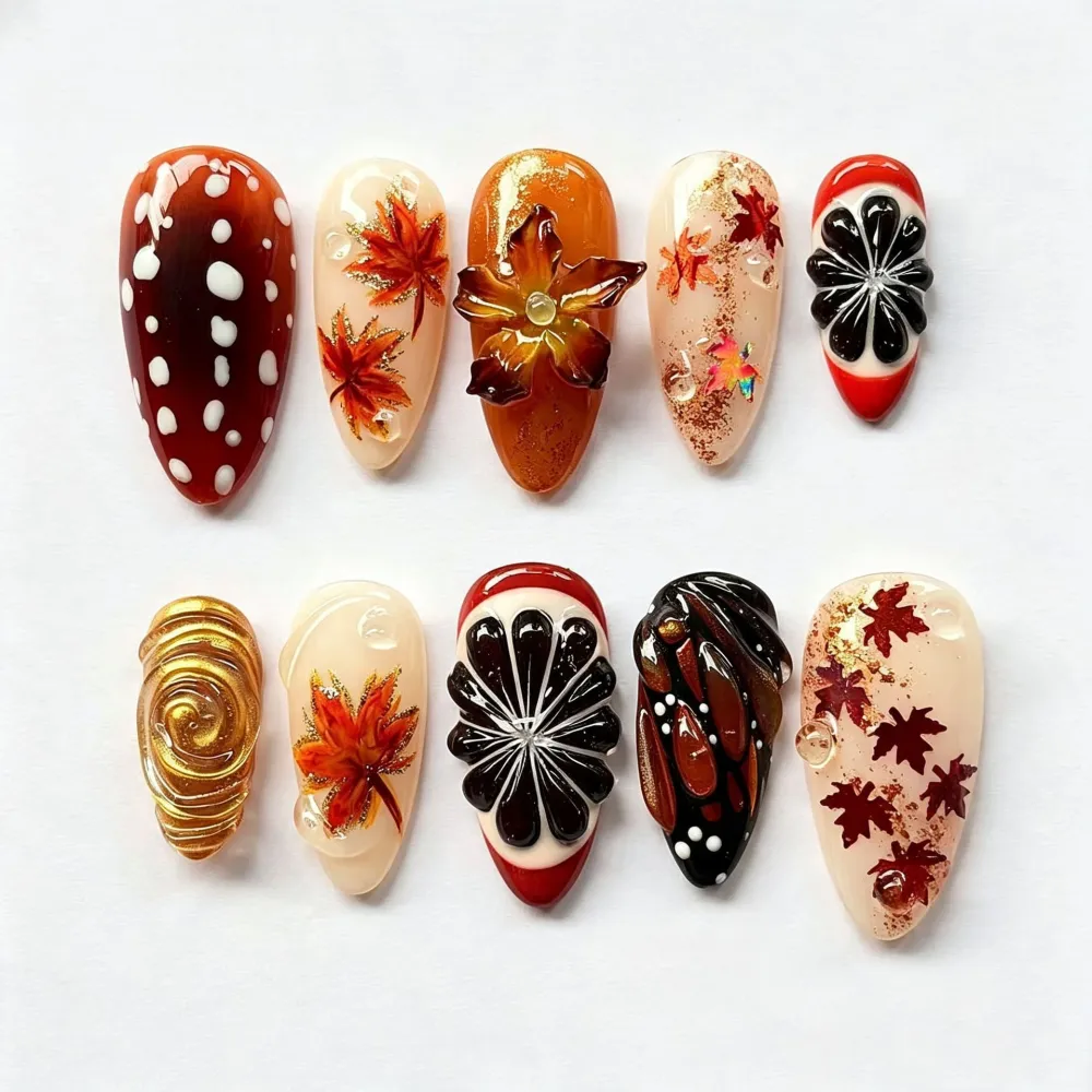 Nailhour 30Pcs Carved Gilded Medium Almond French Press On Nails