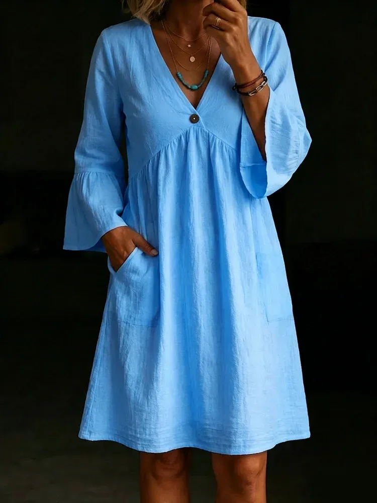 Ladies' Casual Daily Cotton And Linen V-Neck Patchwork Long Sleeved Jumpsuit Half Skirt