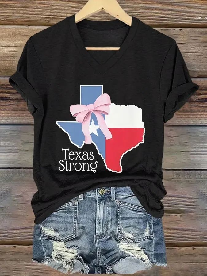 V Neck Retro Texas Strong Bow Print T-Shirt