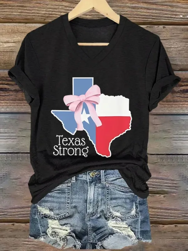 V Neck Retro Texas Strong Bow Print T-Shirt