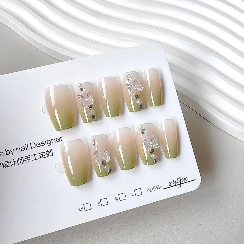 Nailhour 24Pcs 3D Rhinestone Gradient French Green Bow Short Square Press On Nails