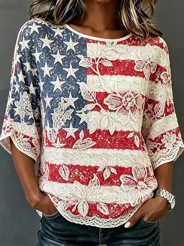 Women'S Retro American Flag Pattern Flower Lace Linen T-Shirt