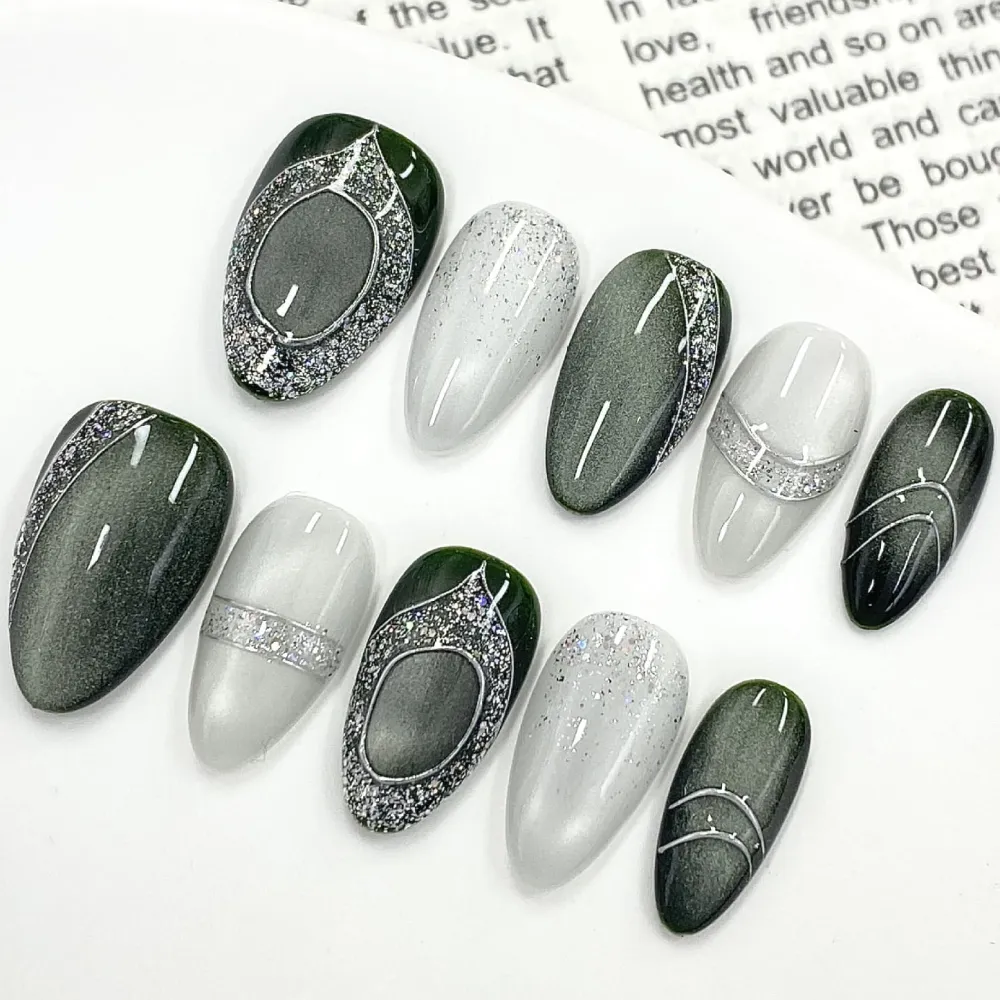 Nailhour 10Pcs Cat Eye Medium Almond French Press On Nails