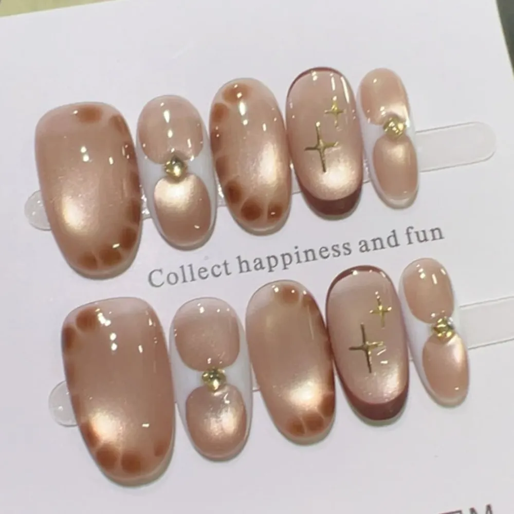 Nailhour 10Pcs French Cat Eye Gradient Gilded Medium Oval Press On Nails