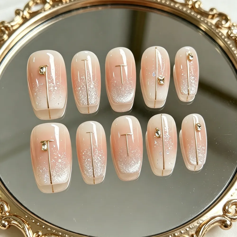 Nailhour 10Pcs Gilded Gradient Medium Square French Press On Nails
