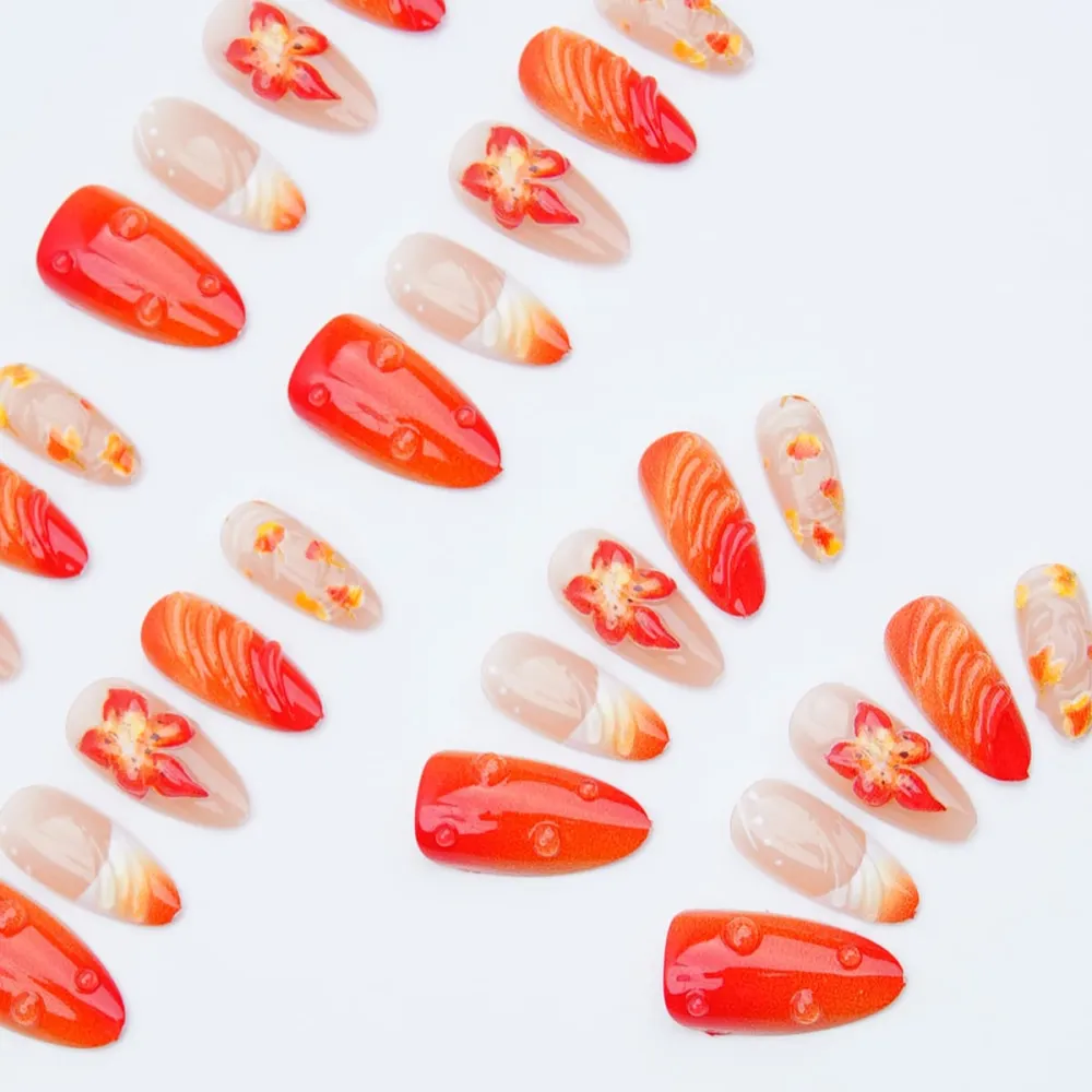 Nailhour 30Pcs Autumn Orange Floral 3D Medium Almond French Press On Nails