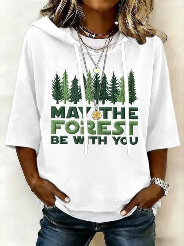 Women's Retro May The Forest Be With You Print Short-Sleeve Hoodie
