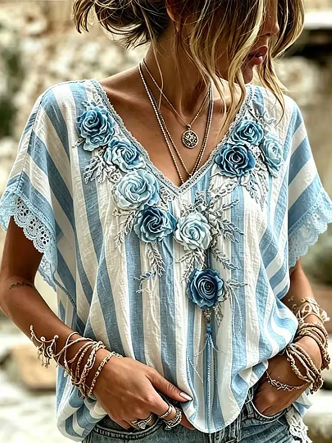 Women's Bohemian Art Floral Print Retro Cotton Linen Top