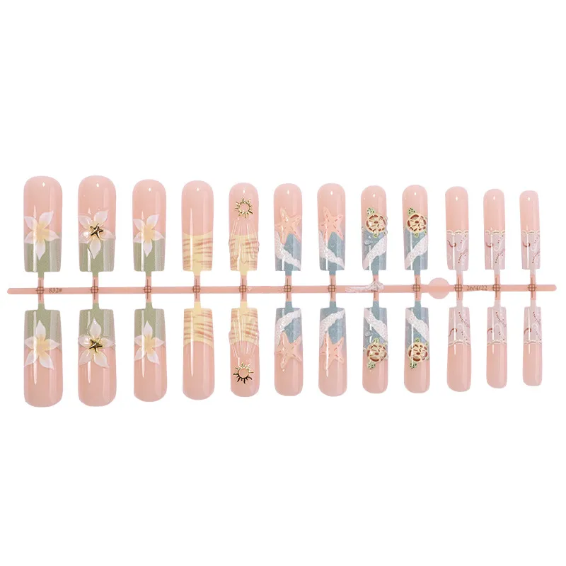 Nailhour 24Pcs Multicolo Beach 3D Long Almond Press On Nails