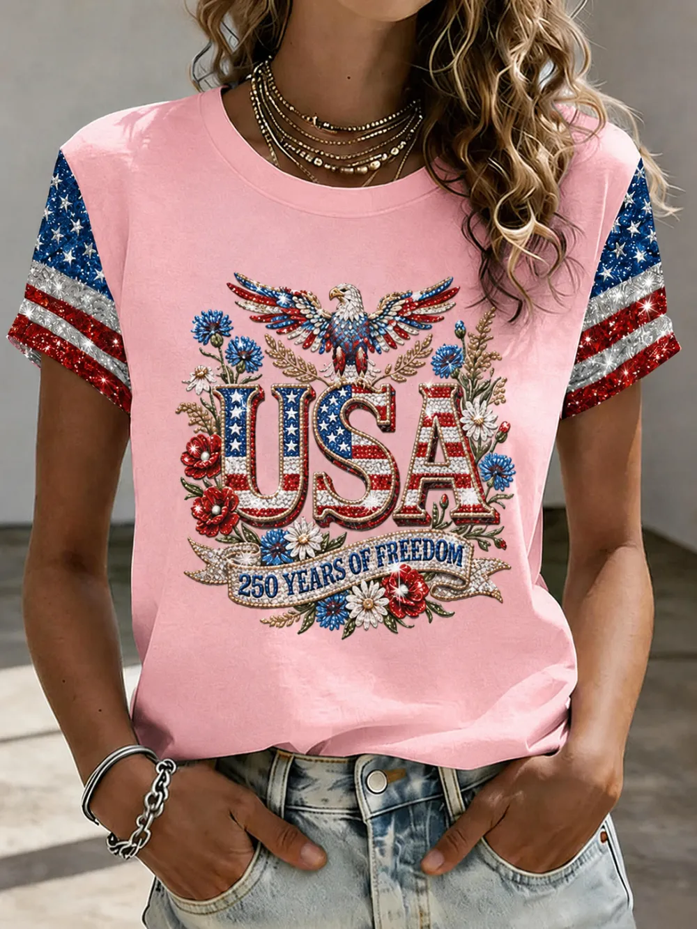 Women'S American Independence Day 250Th Anniversary Printed Short Sleeved T-Shirt