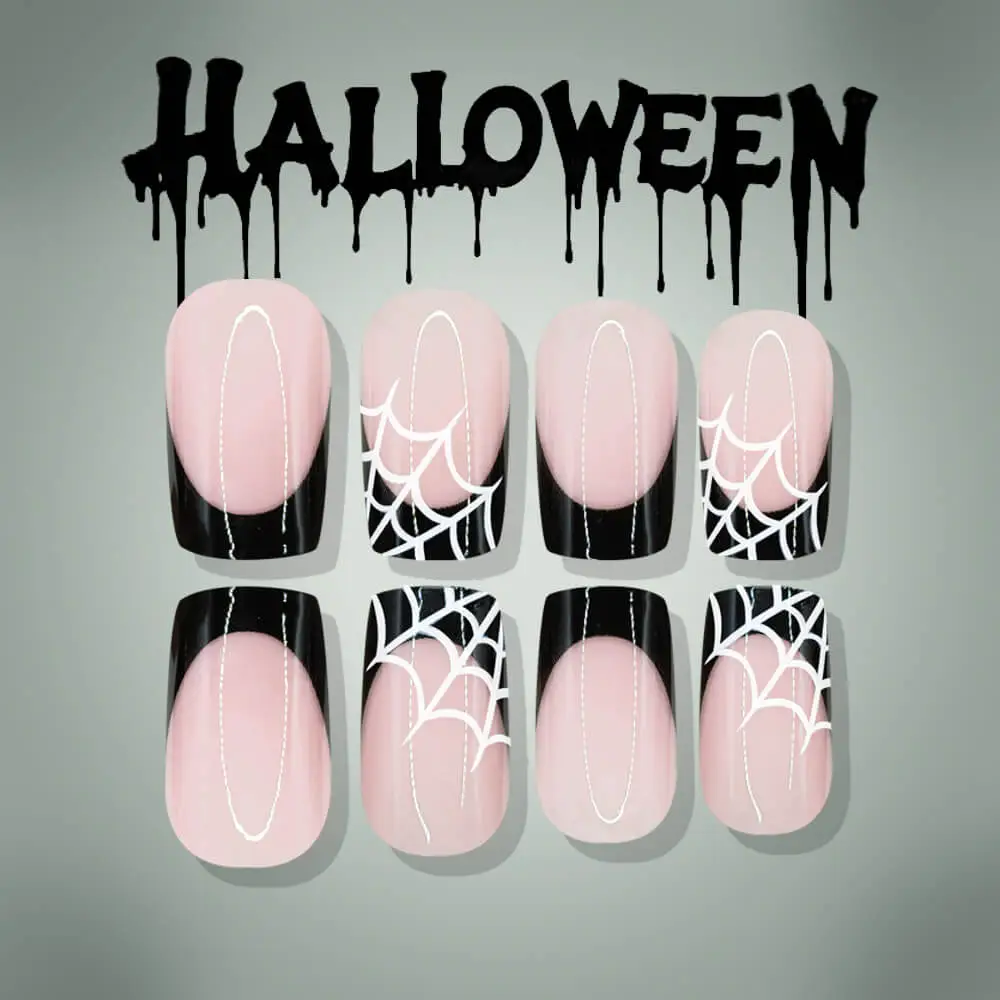 Nailhour 24Pcs Halloween French Short Square Black Spiderweb Press On Nails