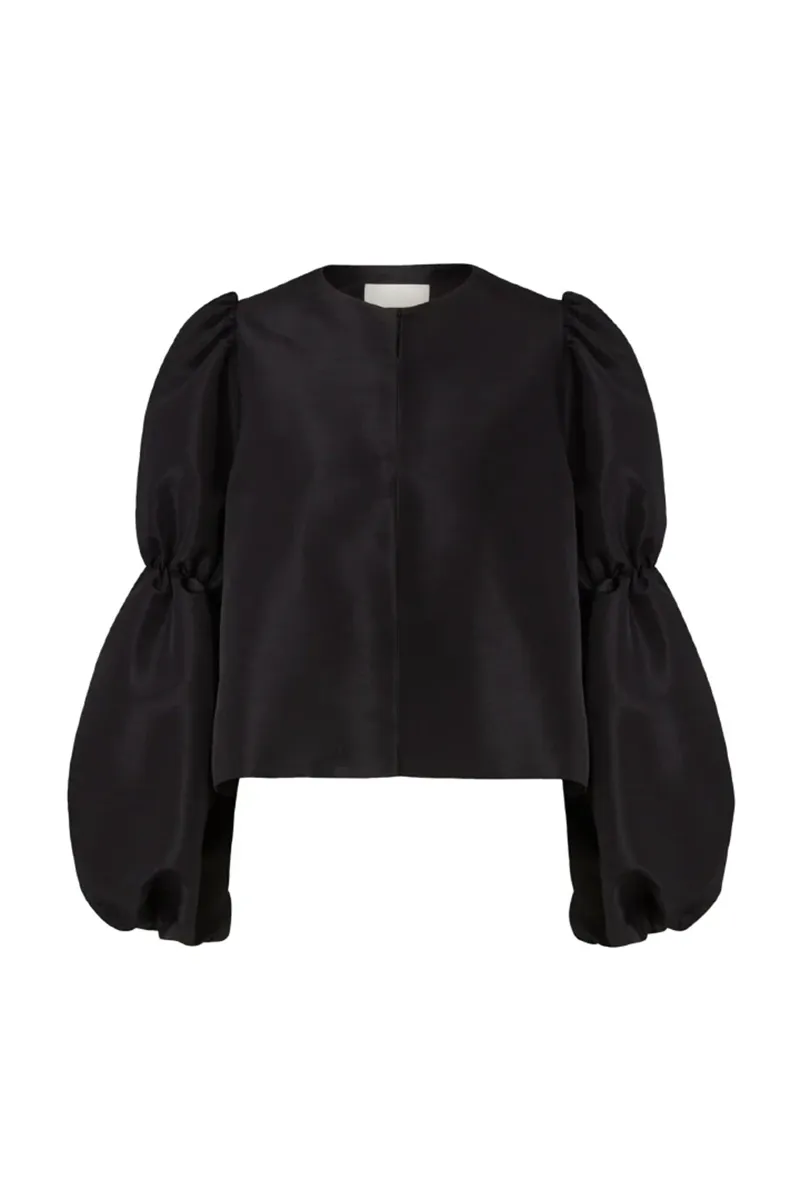 Puff Sleeve Crew Neck Black Blouses