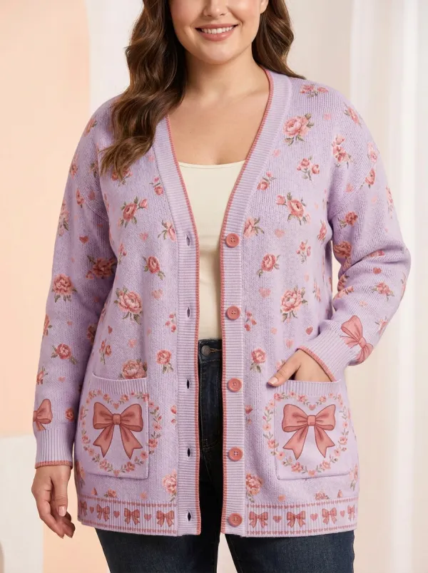 Women's Breast Cancer Awareness Pink Bow Floral Printed Cardigan