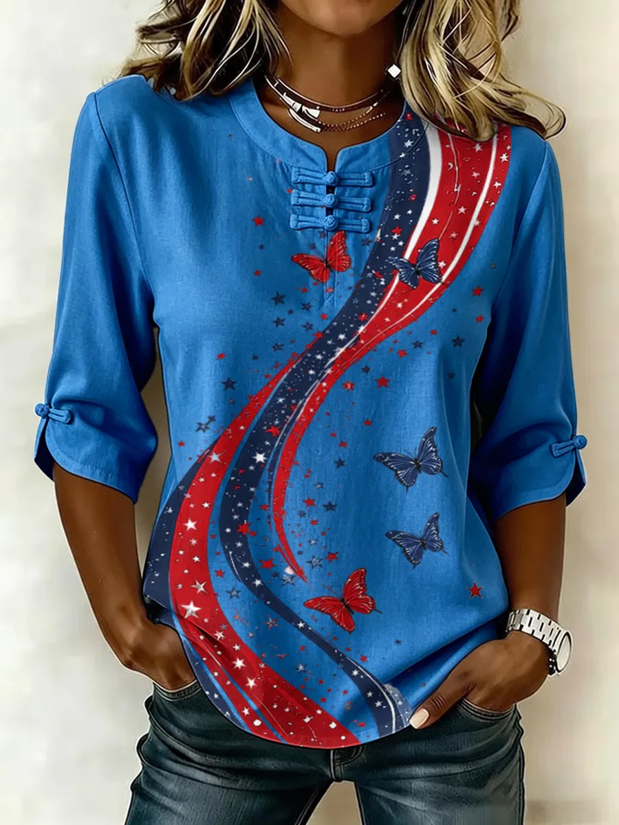 Women's Retro Flag Print Cotton Linen Top