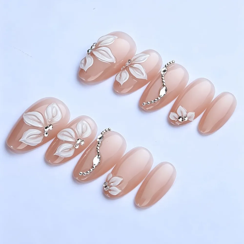 Nailhour 30Pcs Rhinestone 3D French Floral Medium Almond Press On Nails