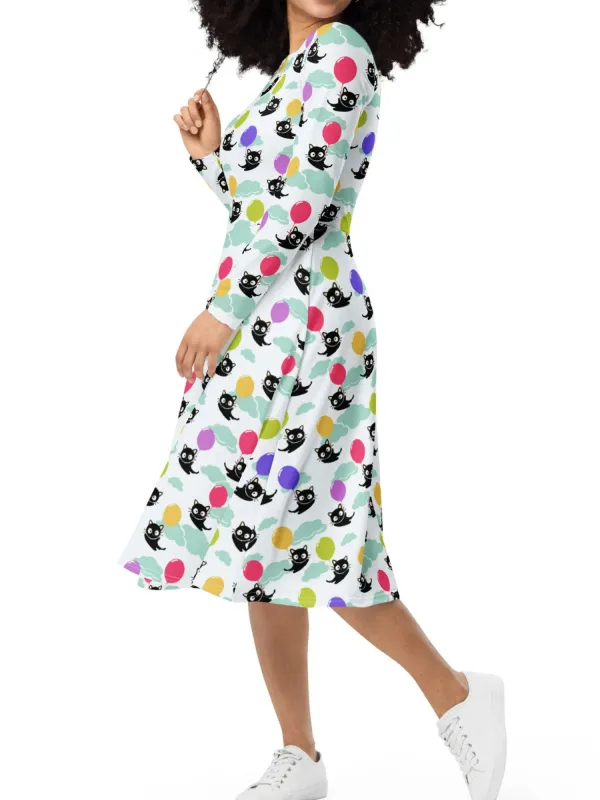 Black Cat Balloon Print Midi Dress