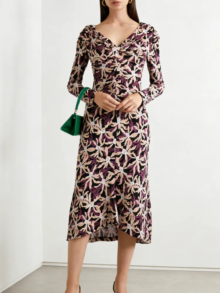 Printed V-Neck Casual Midi Dress
