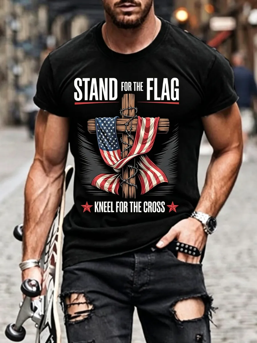 Men's America's 250th Anniversary Stand For The Flag Kneel For The Cross Faith Christian Cross Print T-Shirt