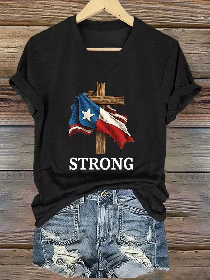 V-Neck Retro Texas Strong Faith Cross Print T-Shirt