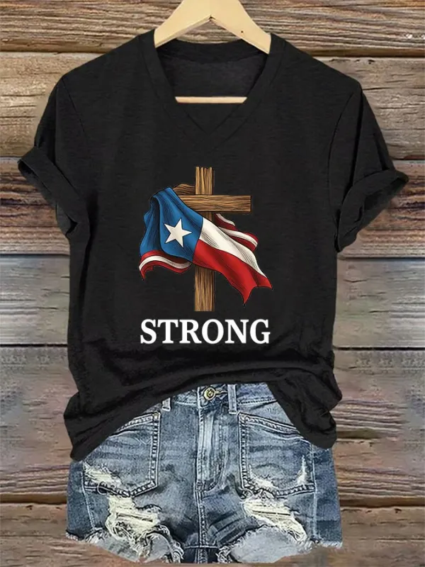V-Neck Retro Texas Strong Faith Cross Print T-Shirt