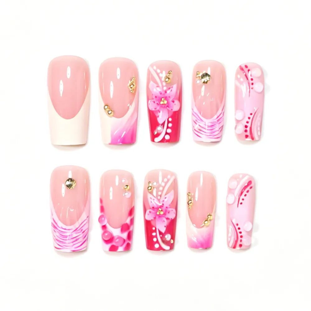 Nailhour 24Pcs Pink 3D Floral Gilded Long Coffin Press On Nails