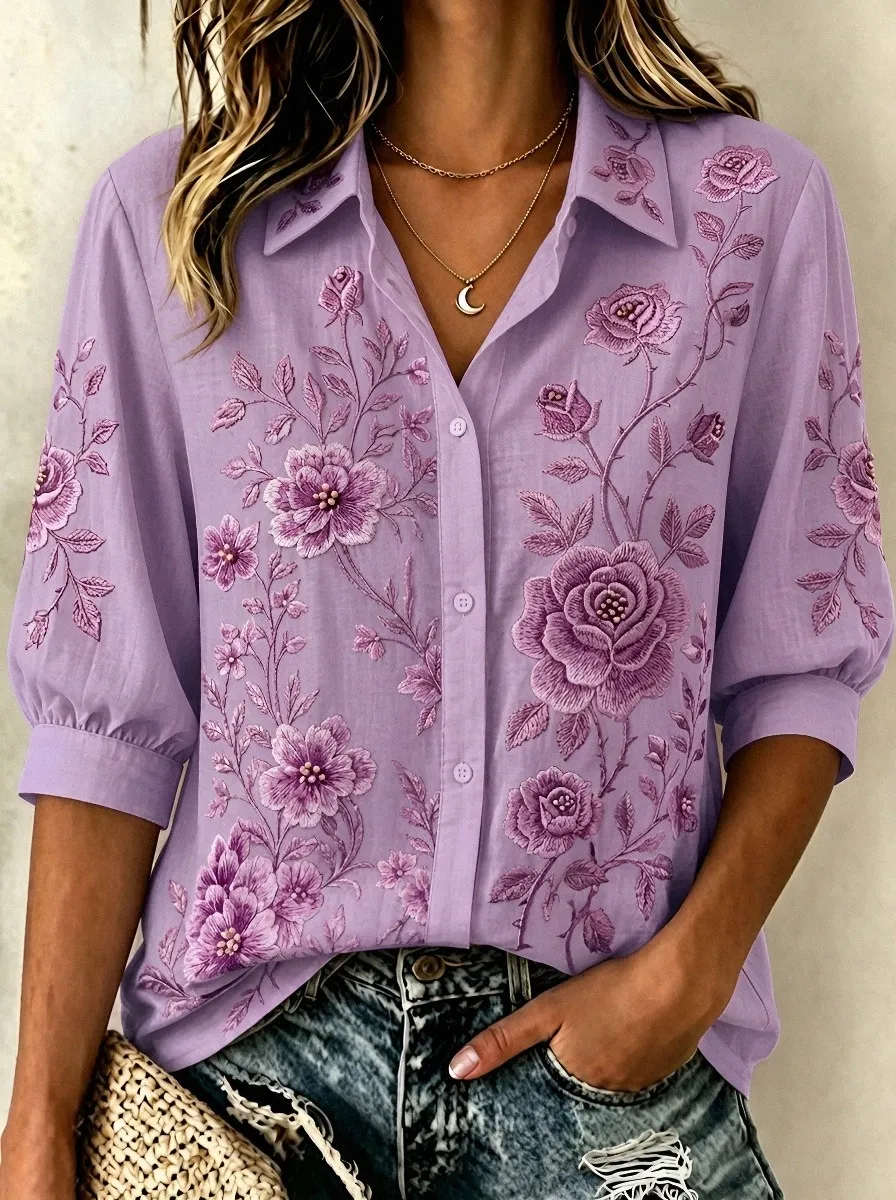 Women's Breast Cancer Awareness Pink Rose Floral Embroidered Button-up Shirt