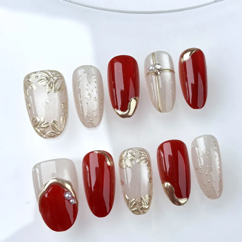 Nailhour 30Pcs Red Cat Eye Medium Oval French Gilded Press On Nails