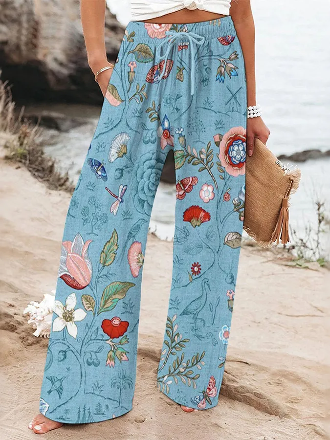 Women'S Casual Floral Art Printed Loose Cotton And Linen Pants