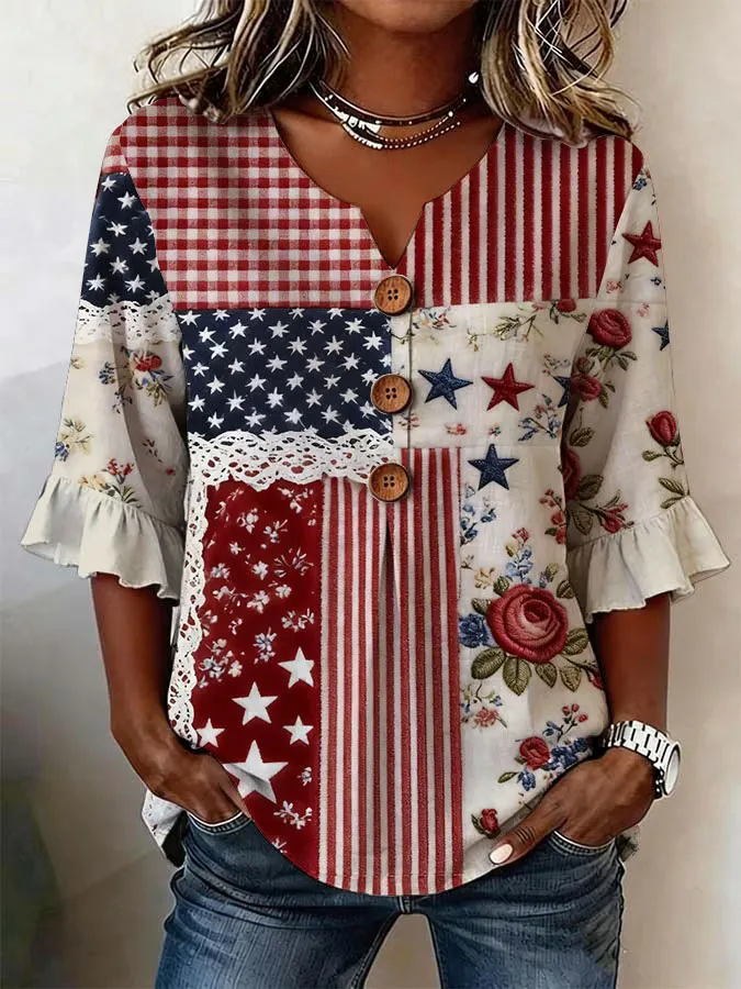 Women'S Retro Independence Day American Flag J Flower Art Printed Casual Top