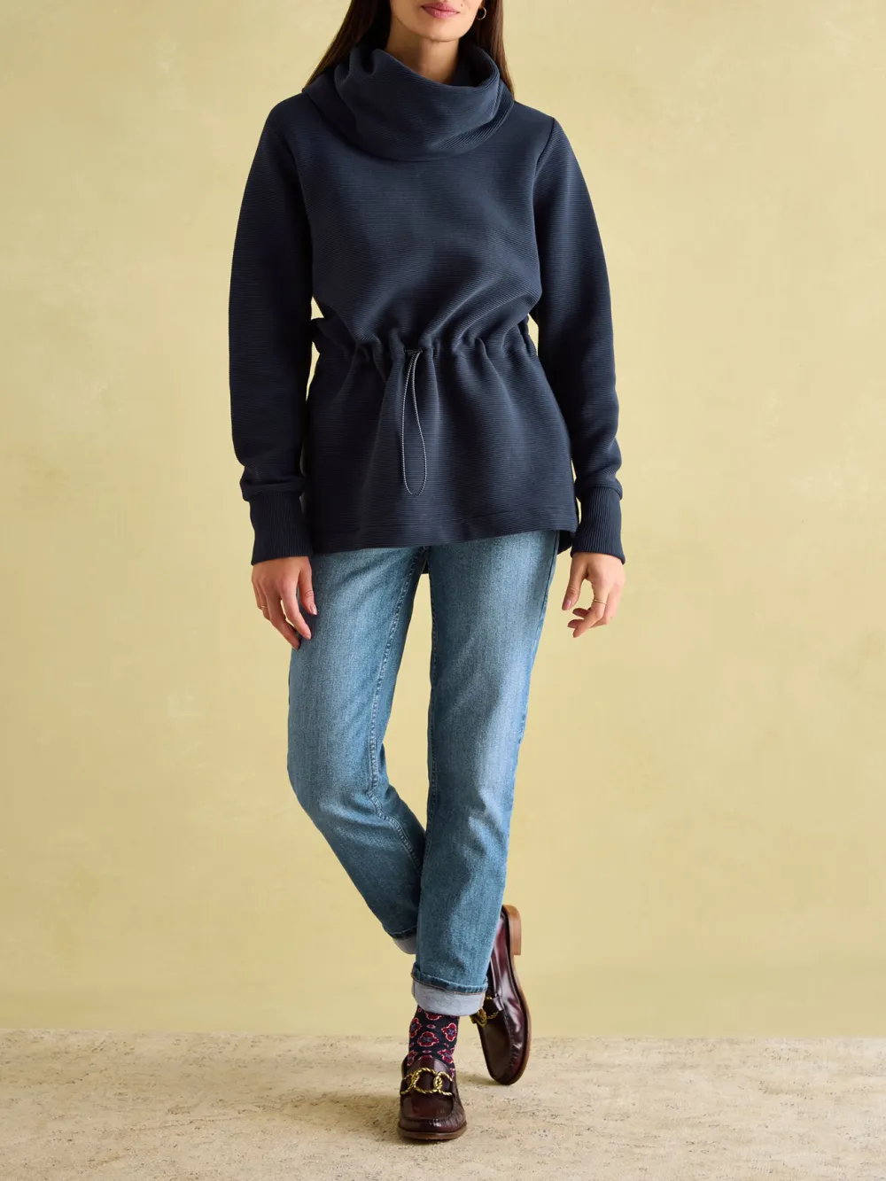 Adjustable Waist Navy Cowl Neck Sweatshirt
