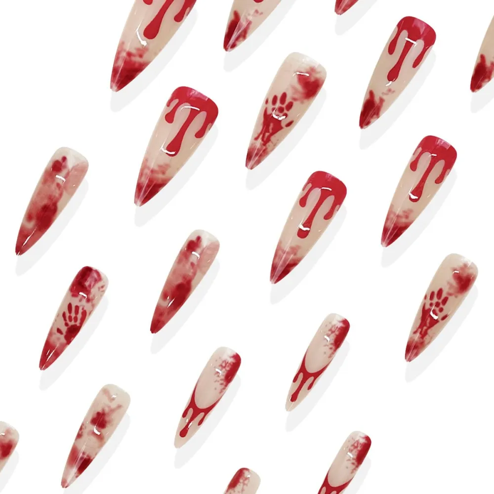 Nailhour 24Pcs Halloween Long Stiletto Red Press On Nails
