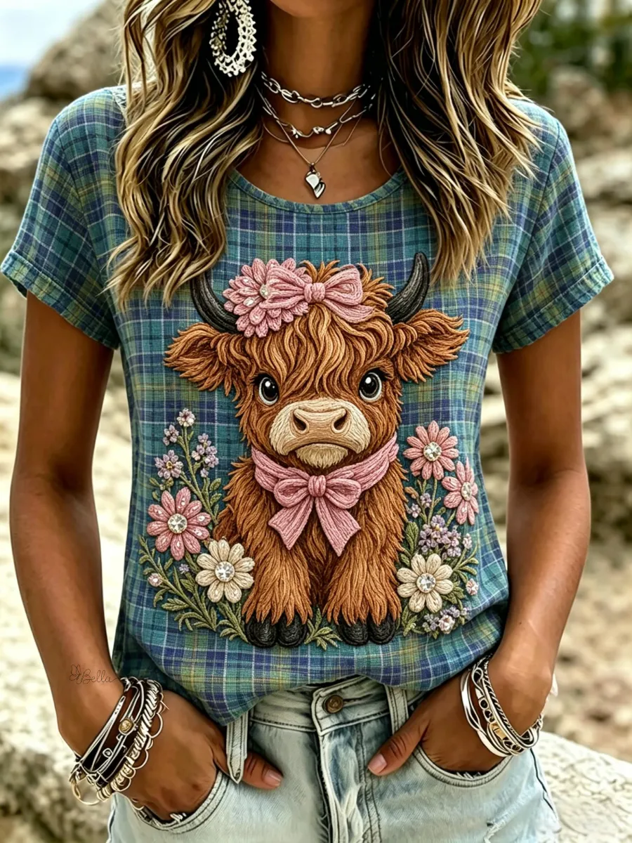 Women's Scottish Highland Cattle Design Cotton-Linen T-Shirt