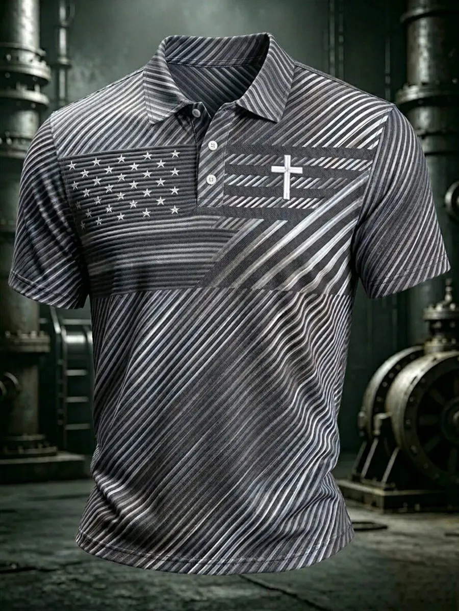 Men'S America Flag Print Casual Polo Shirt