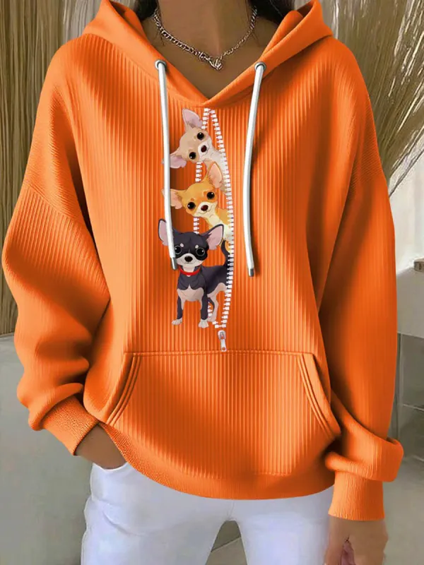 Cute Dogs Printed V-Neck Casual Hoodies