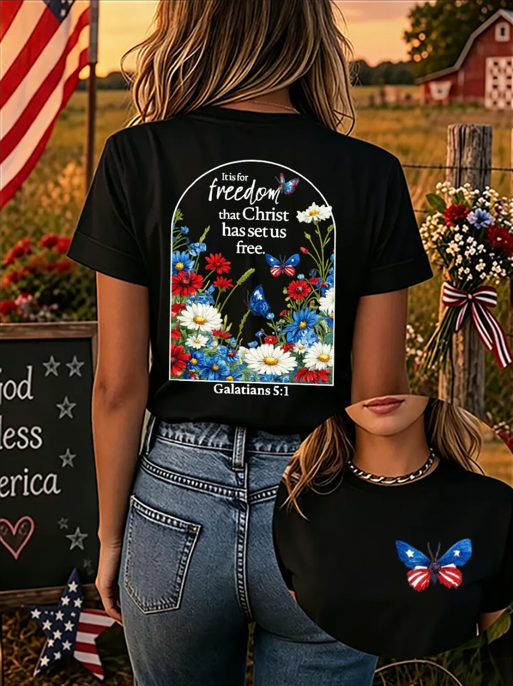 Christ'S Gift Of Freedom: Women'S American 250th Anniversary Faith Print Short-Sleeve T-Shirt