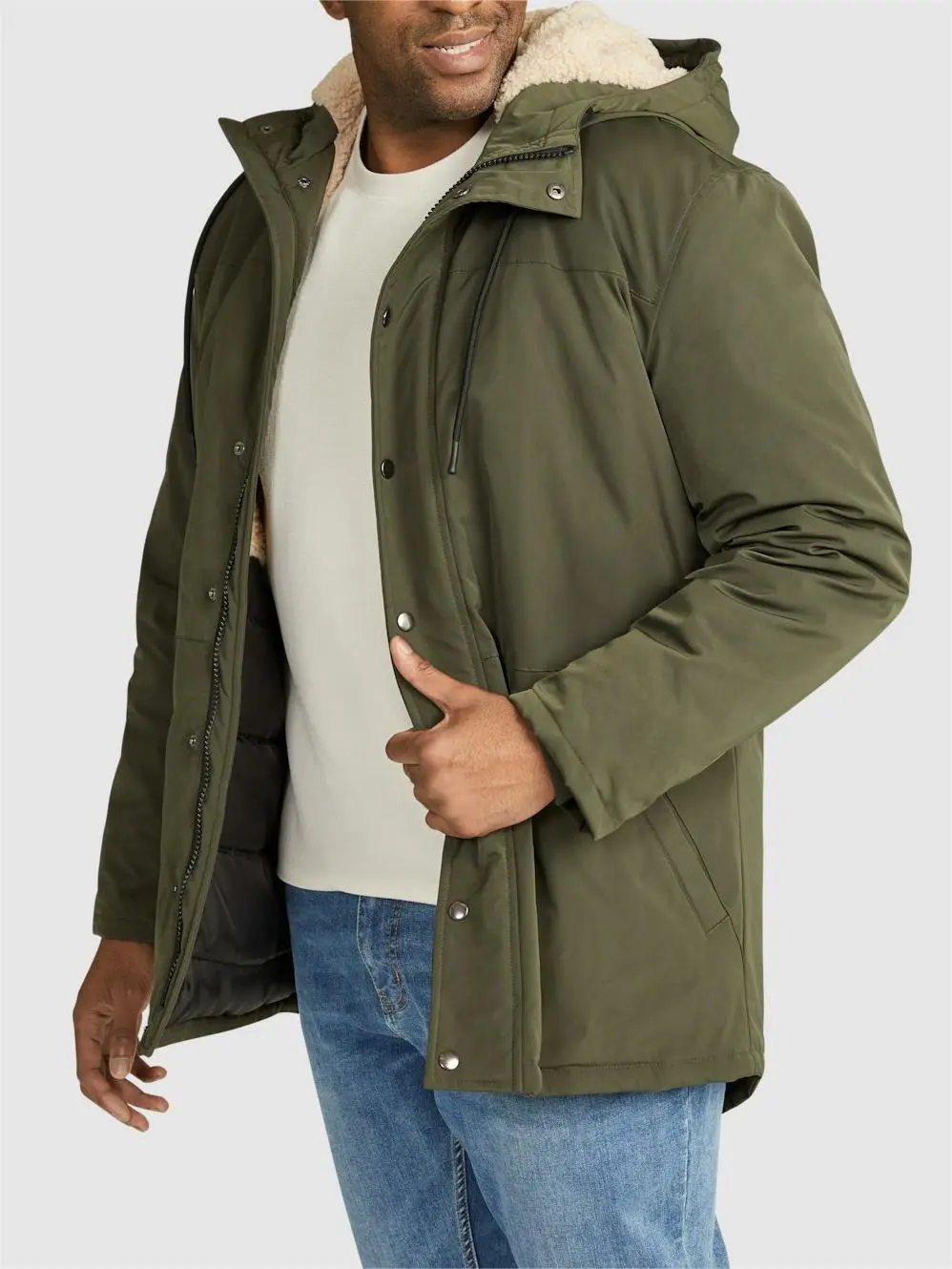 OLIVE GREEN HOODED PARKA WITH SHERPA LINING FOR COLD WEATHER