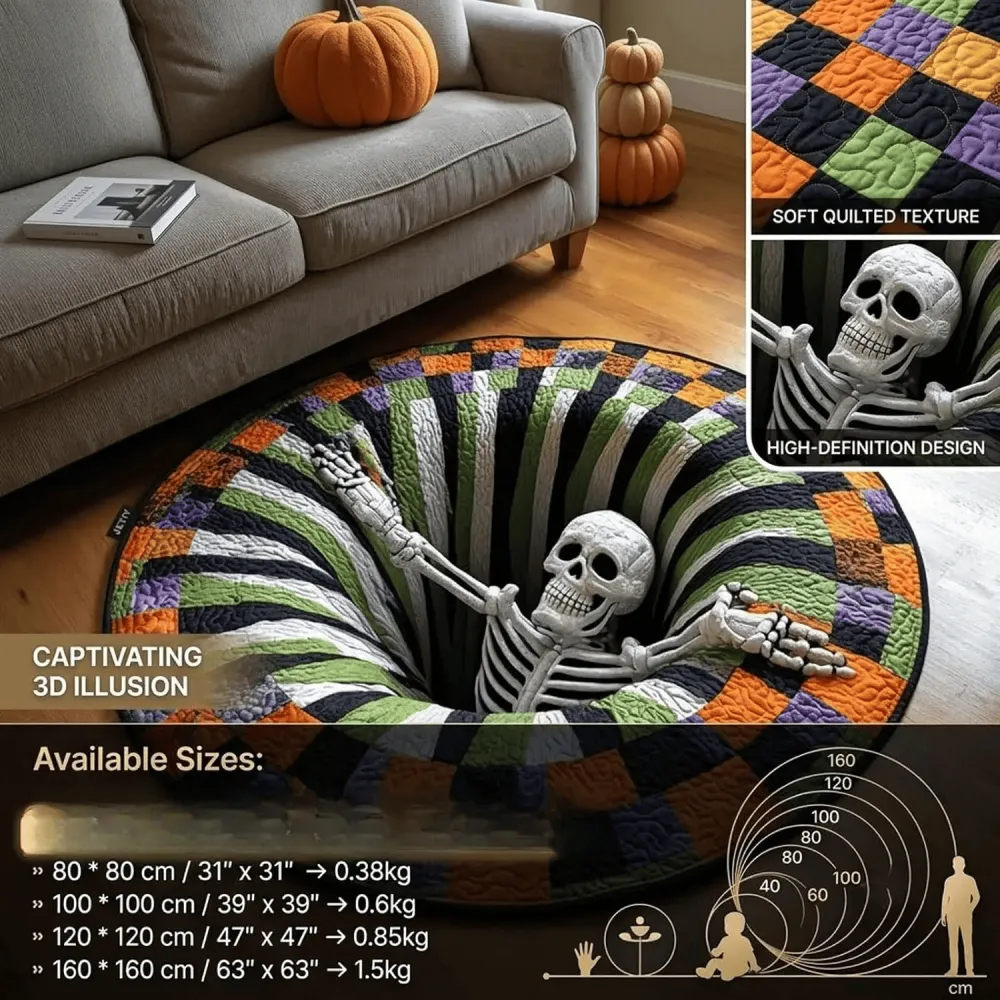 Halloween Round Rug 3D Skeleton Vortex Quilted Illusion Mat(80*80CM)