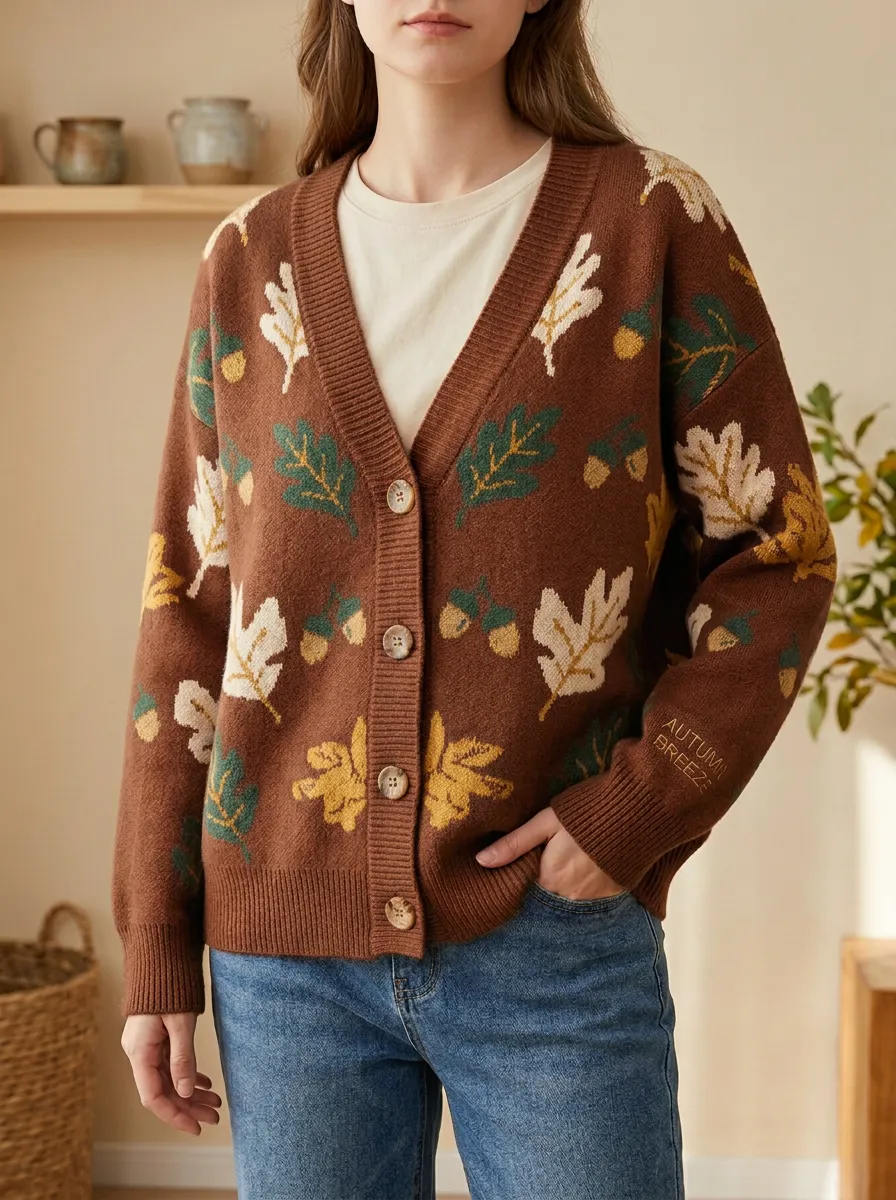 Oak Leaf Acorn Pattern Embroidered Women's Knit Cardigan