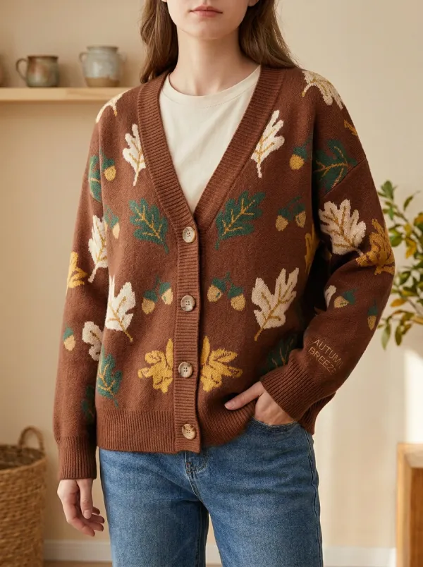 Oak Leaf Acorn Pattern Embroidered Women's Knit Cardigan