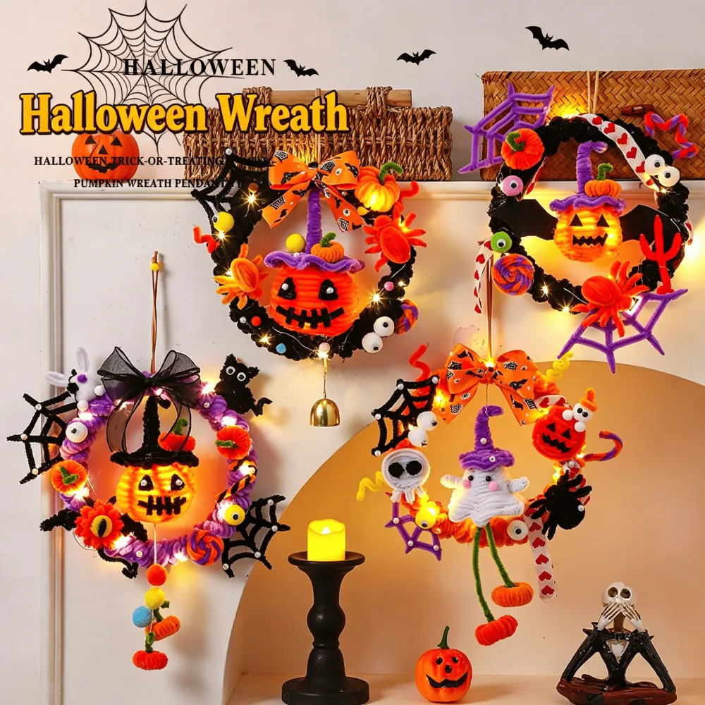 Halloween Diy Glowing Pumpkin Lantern Wreath Door Hanging