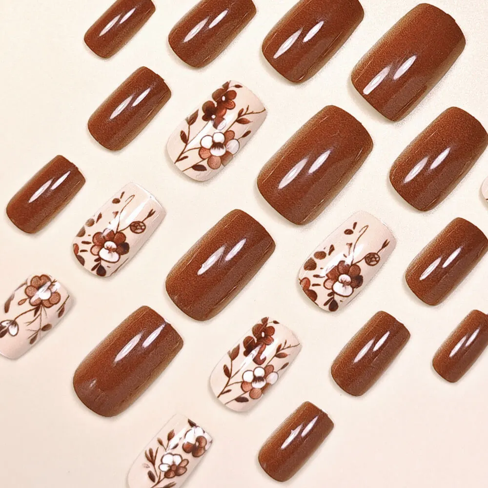 Nailhour 24pcs Autumn Floral Medium Square Press On Nails