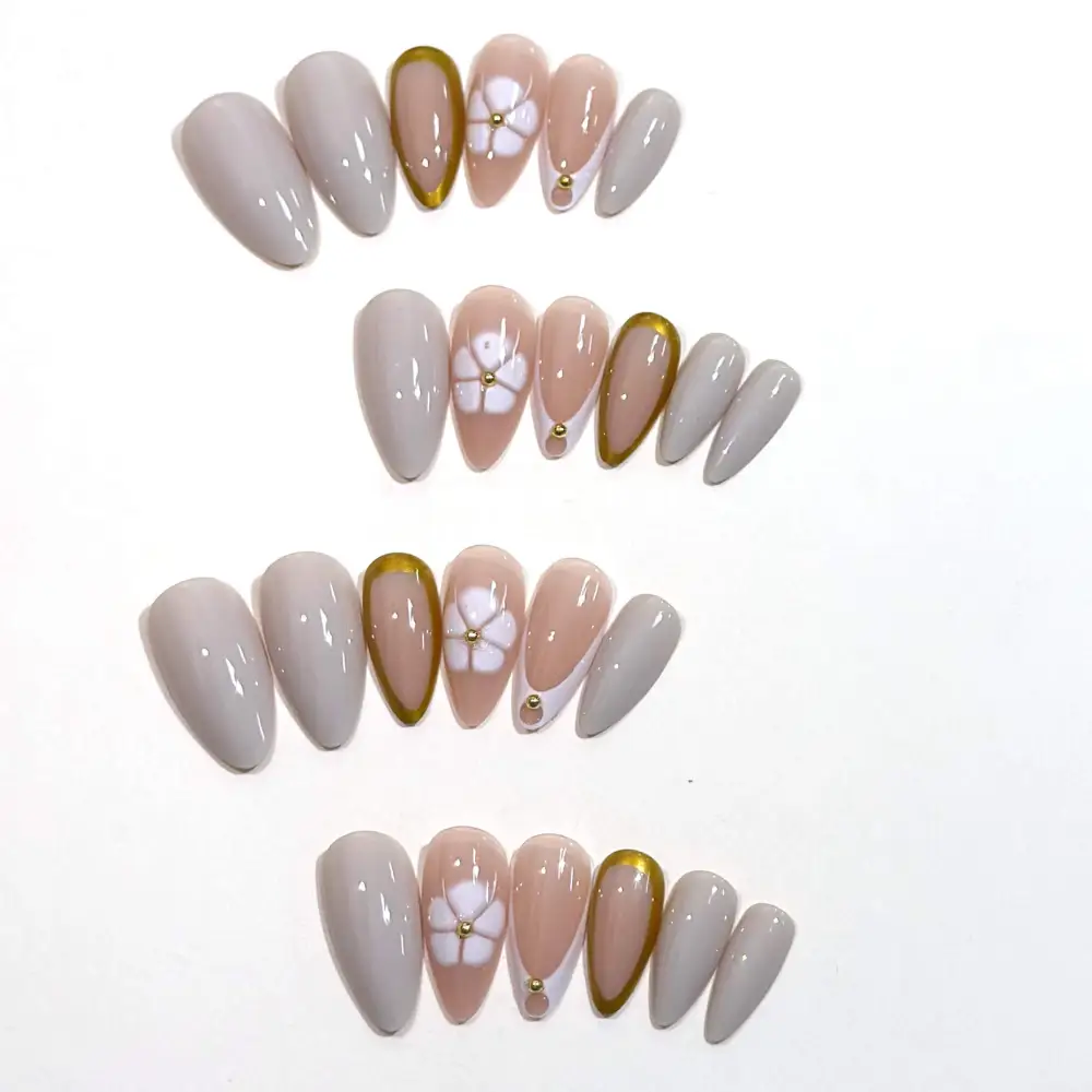 Nailhour 24Pcs French Nude Gilded Short Almond Press On Nails