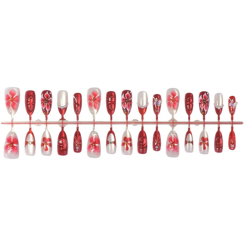 Nailhour 30Pcs Amber 3D Medium Almond French Red Press On Nails