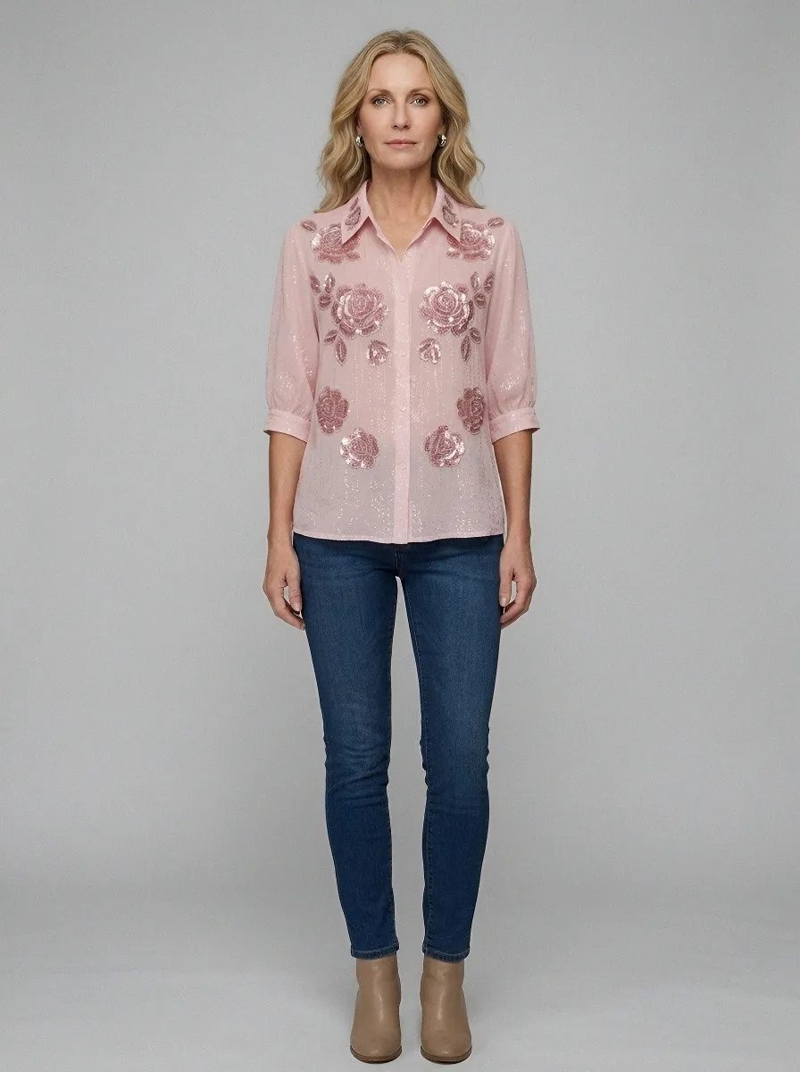 Women's Breast Cancer Awareness Pink Rose Sequin Embroidered Printed Shirt