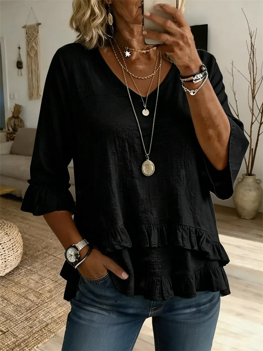 Women's Linen Blend Ruffle Hem V-Neck 3/4 Sleeve Casual Blouse