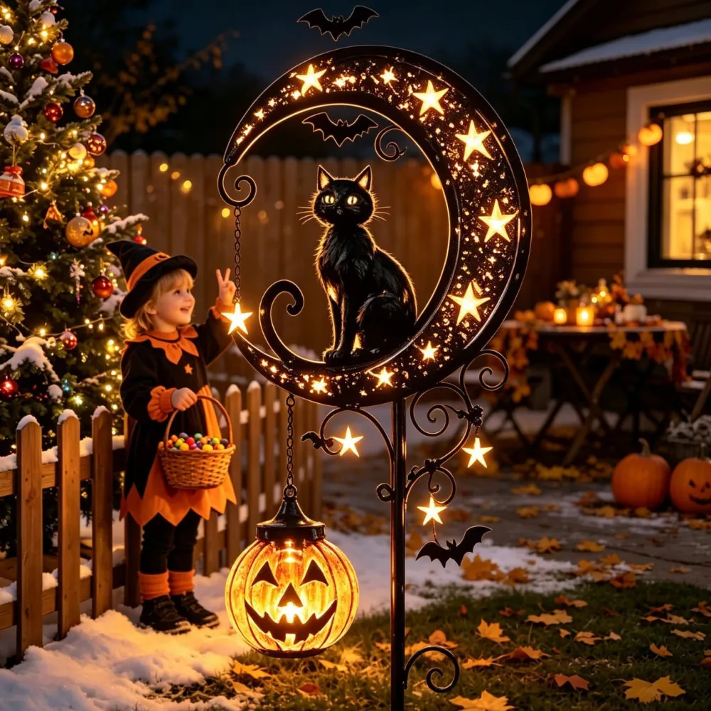Halloween Solar Black Cat & Pumpkin Moon Stake Light