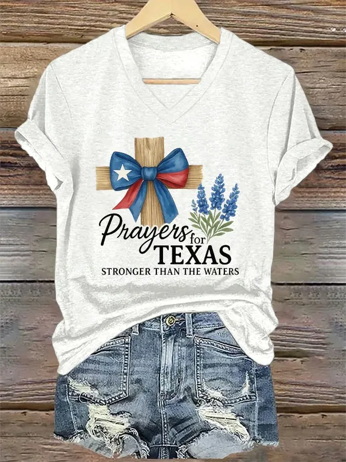 V-Neck Retro Prayers For Texas Print T-Shirt