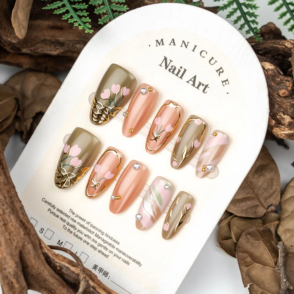 Nailhour 30Pcs Gilded Floral Medium Almond French Press On Nails